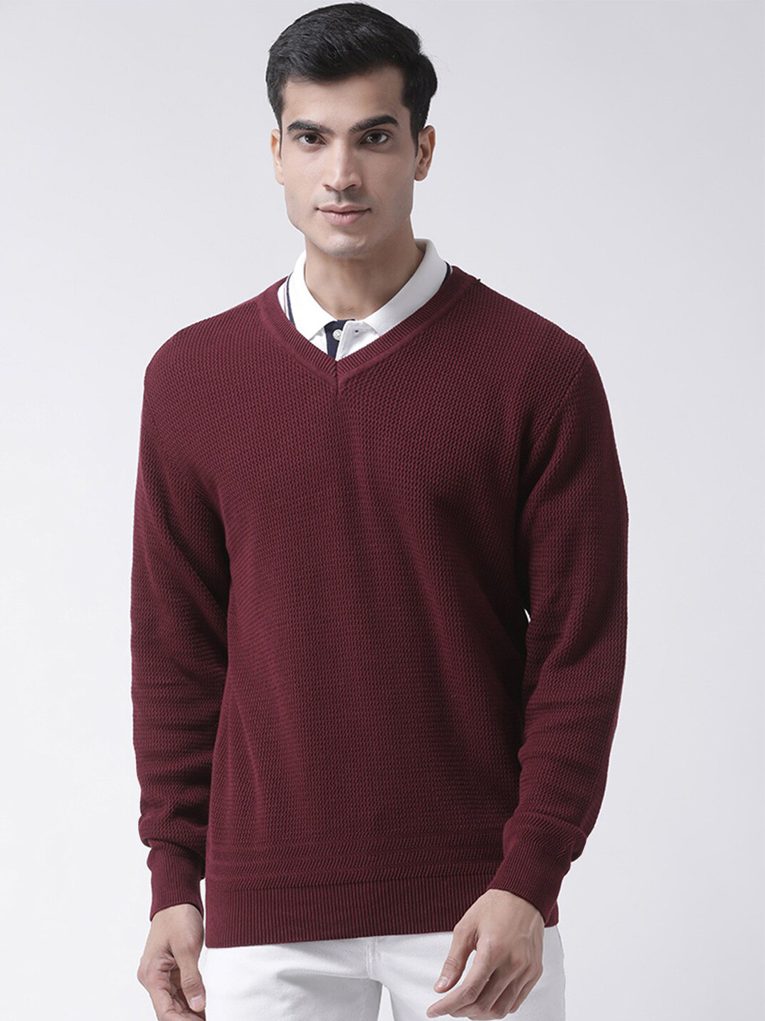 Club York Men Maroon Cable Knit Pullover