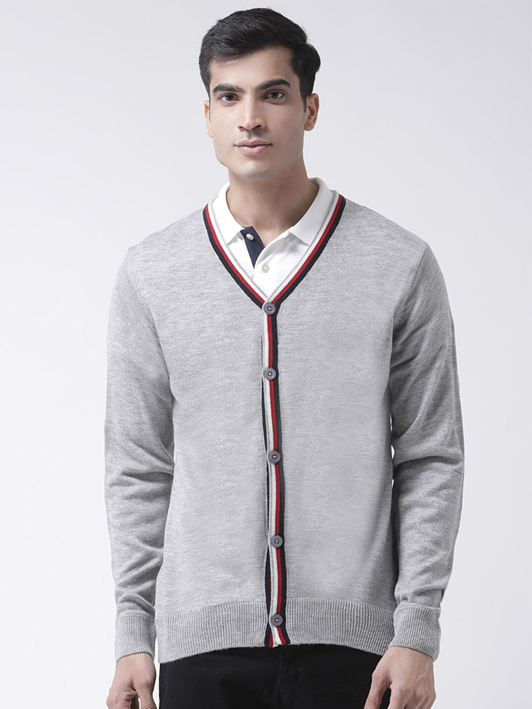 Club York Men Grey & Maroon Cardigan