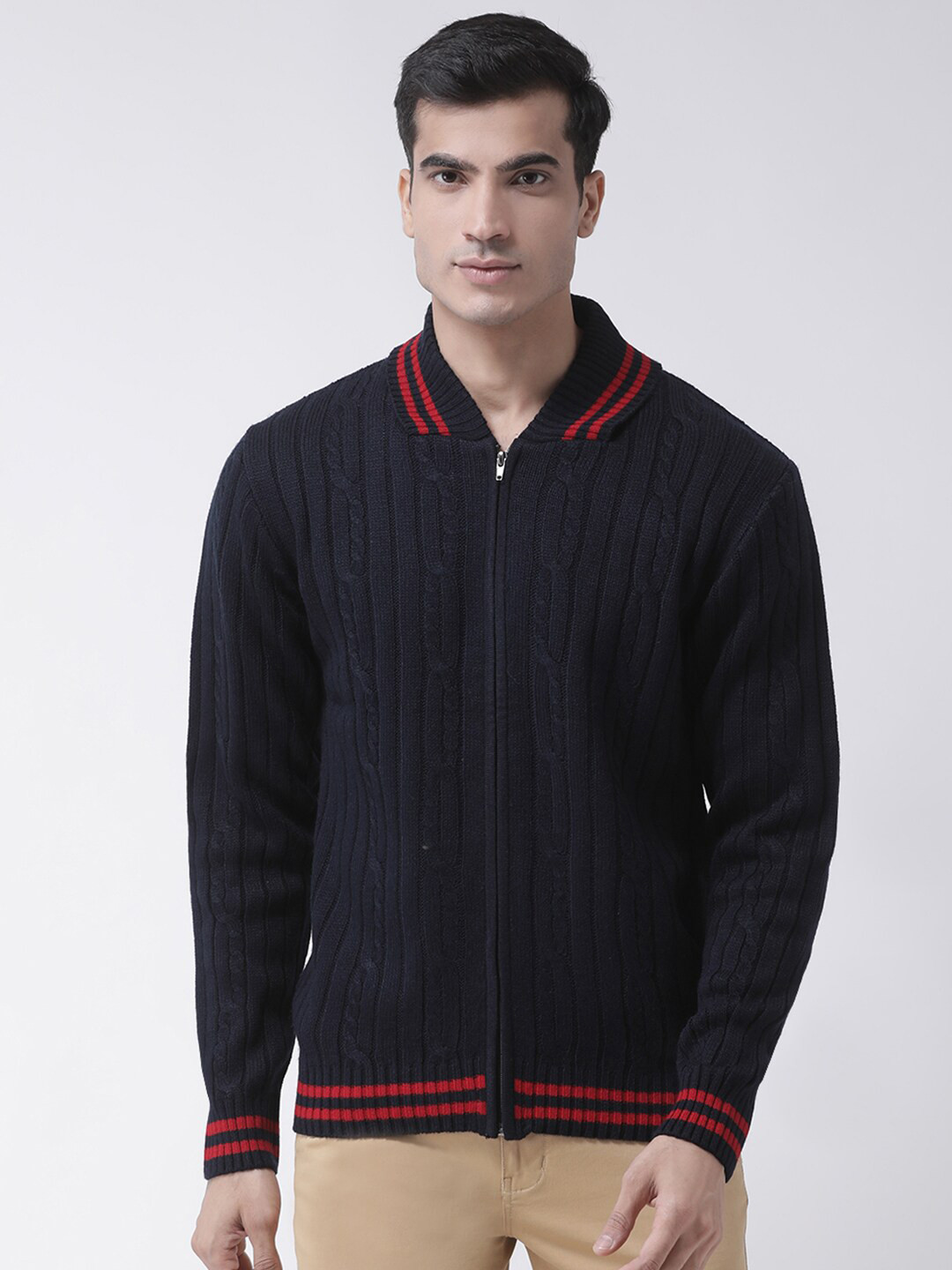 Club York Men Navy Blue & Red Cardigan