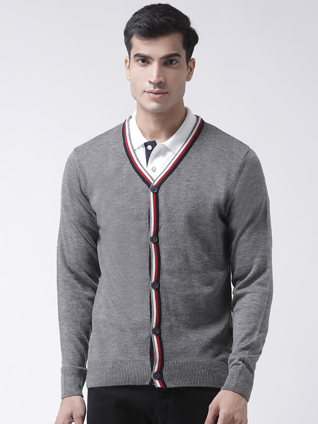 Club York Men Grey & White Solid Cardigan