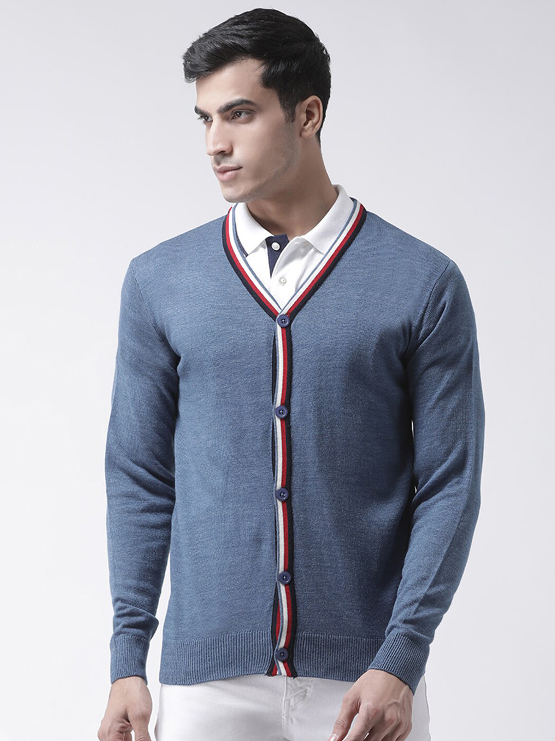 Club York Men Blue & Red Solid Cardigan