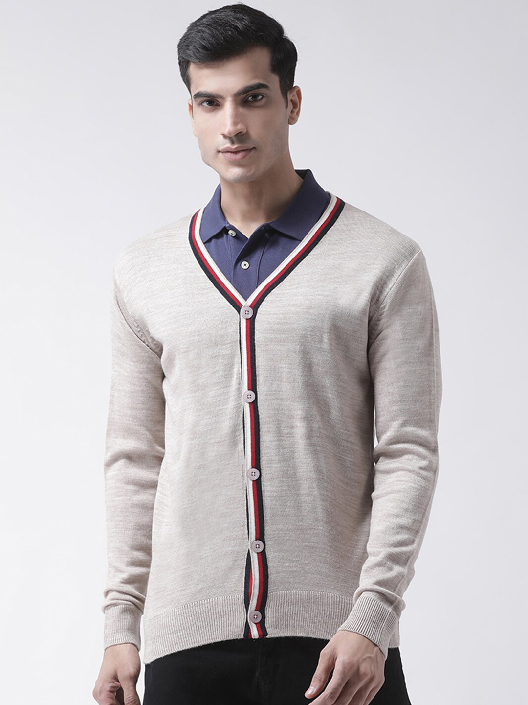 Club York Men Beige & Red Solid Cardigan