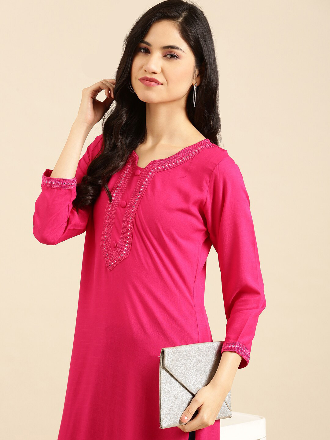 SHOWOFF Women Pink Three-Quarter Sleeves Mirror Work Kurta