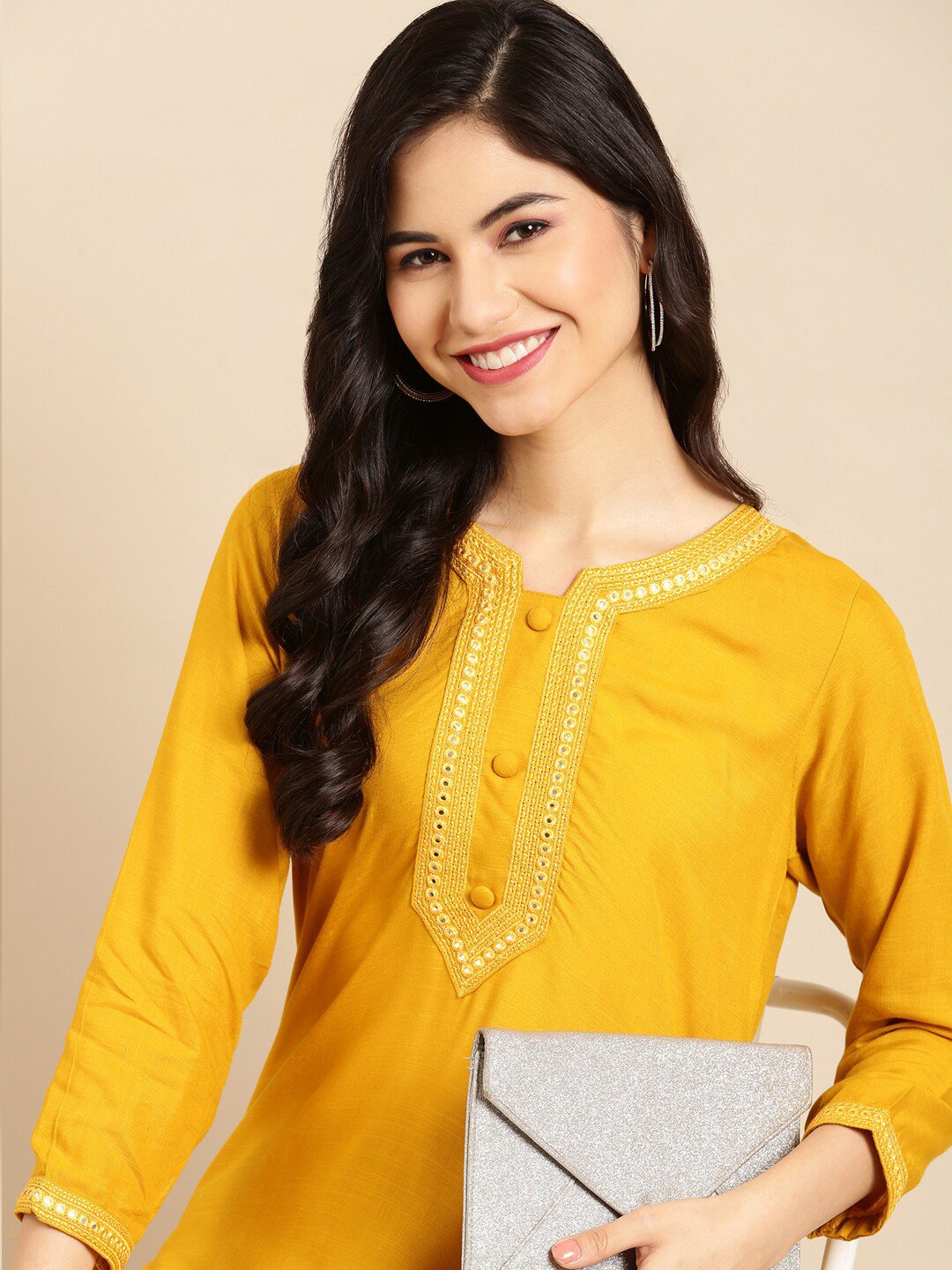 SHOWOFF Women Mustard Yellow Mirror Work Kurta