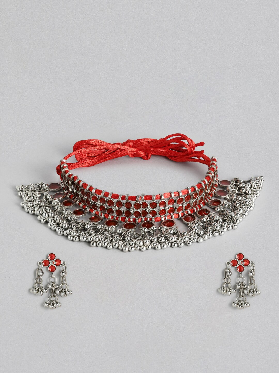 Sangria Silver-Toned Pink & Orange Enamelled Jewellery Set