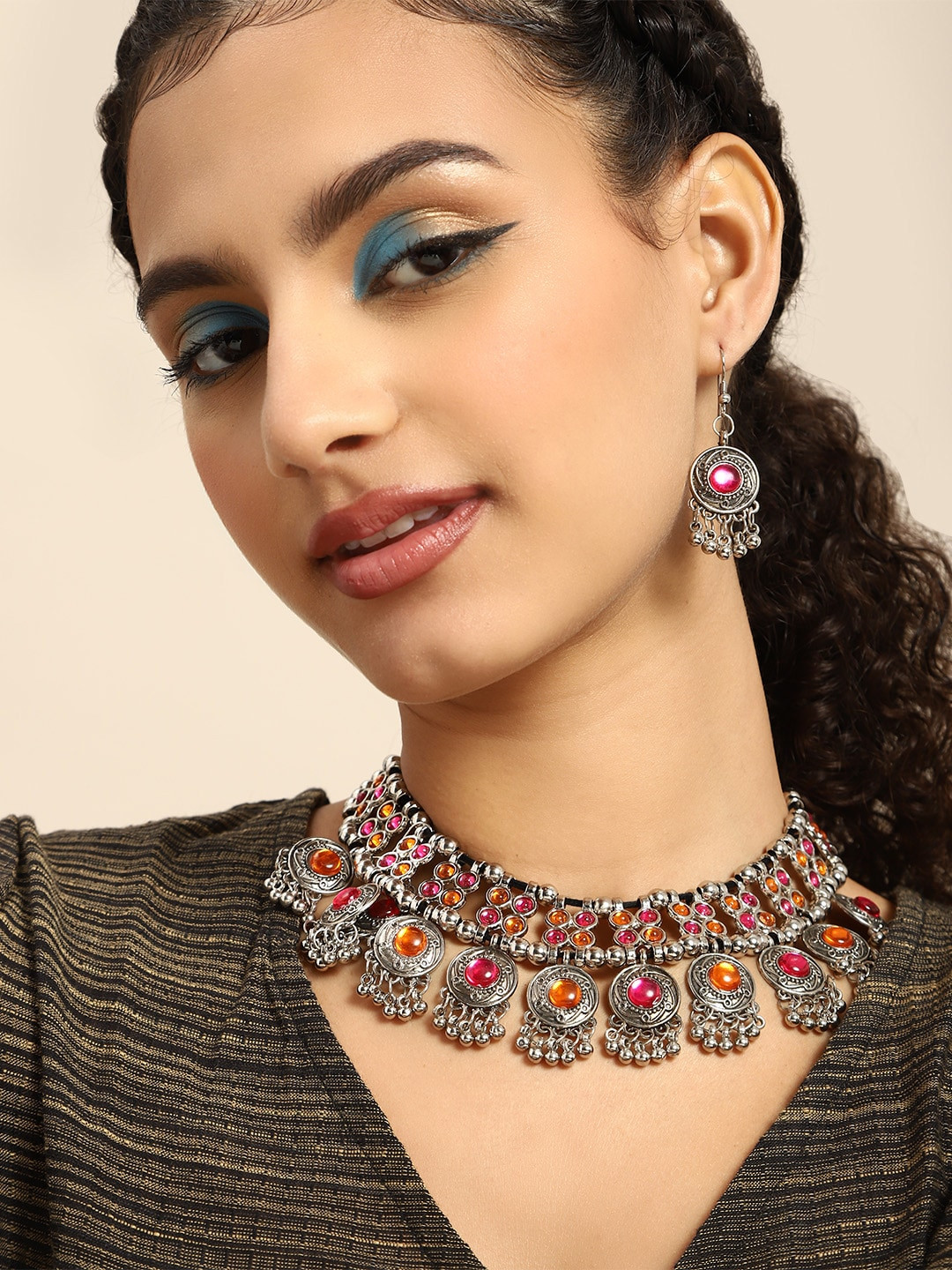 Sangria Silver-Toned Pink & Orange Enamelled Jewellery Set