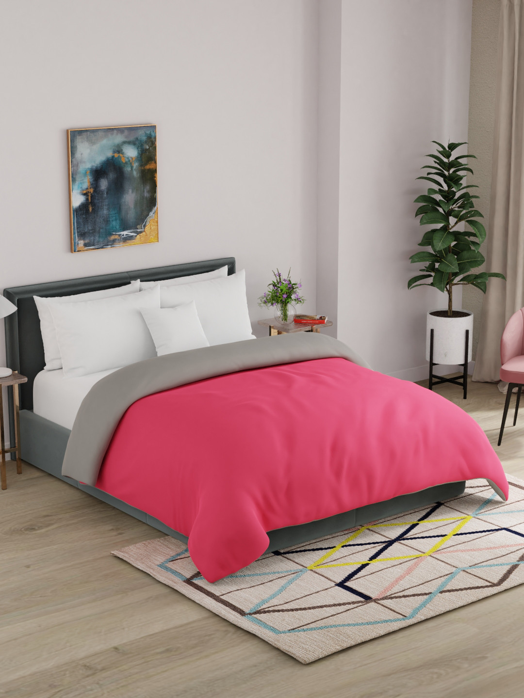 United Colors of Benetton Pink & Grey Microfiber 150 GSM Reversible Double Bed Comforter