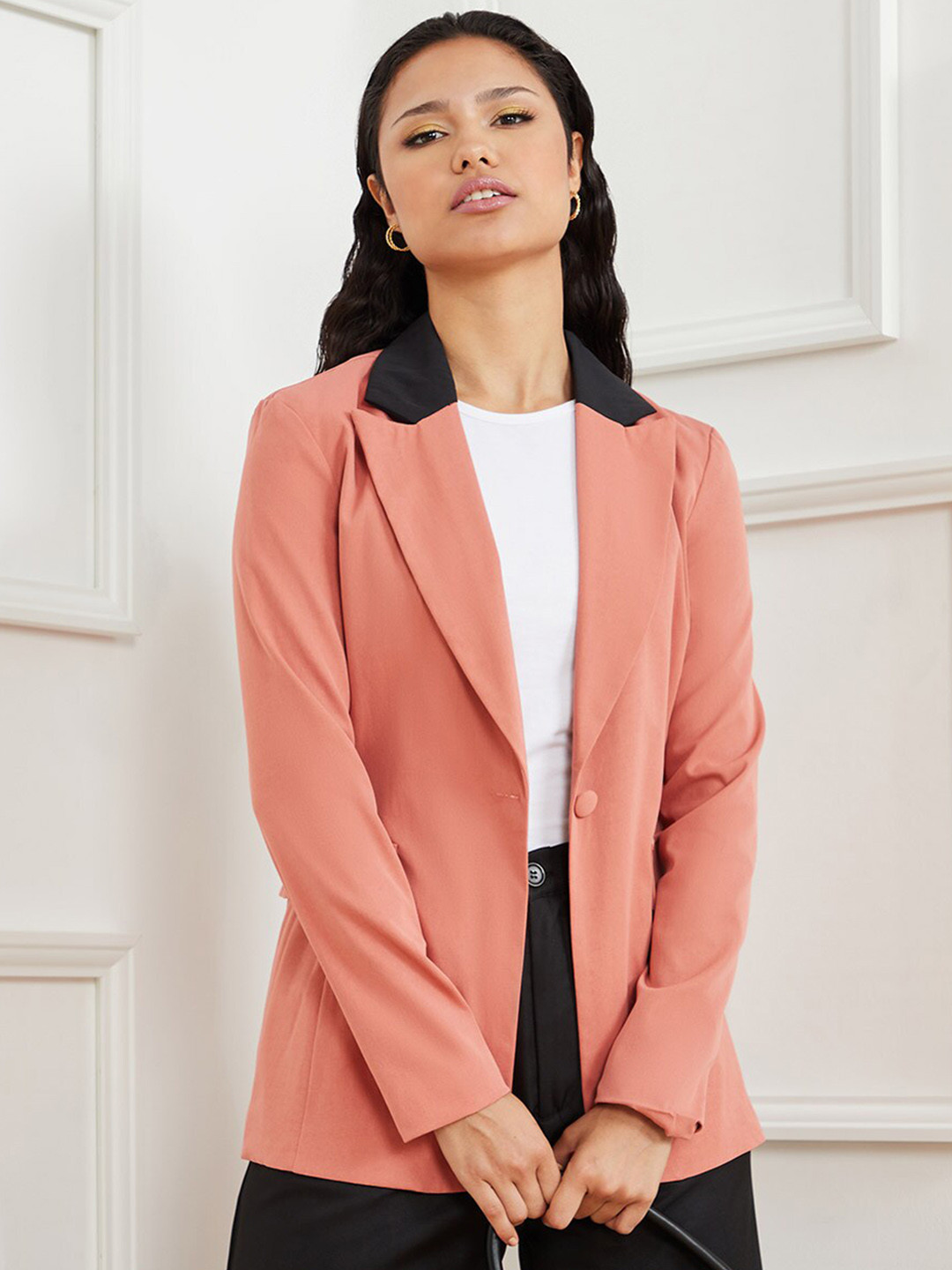 Styli Women Peach Colored Contrast Collar Longline Blazer with Single Button