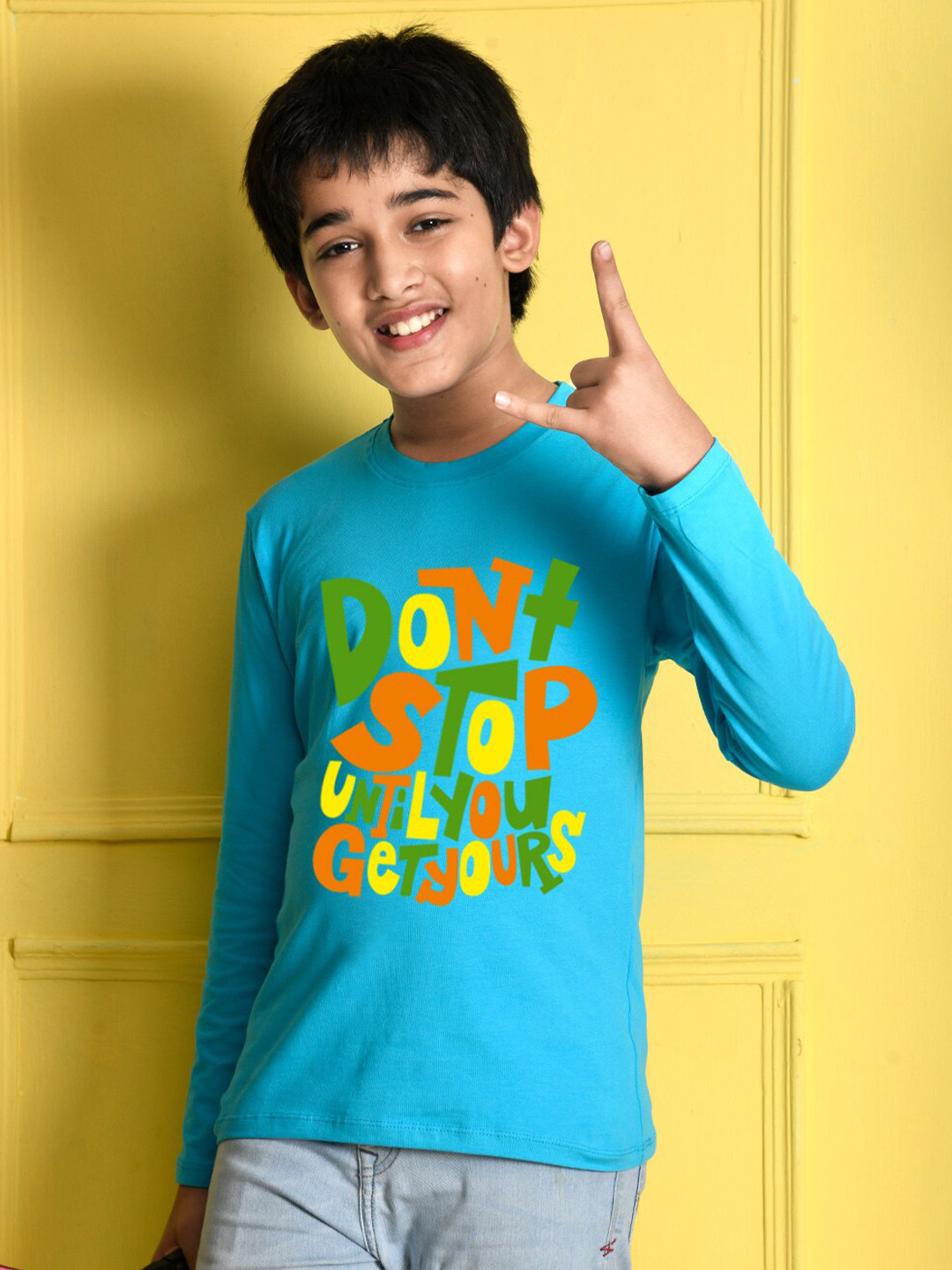 NUSYL Boys Blue Typography Printed Cotton T-shirt