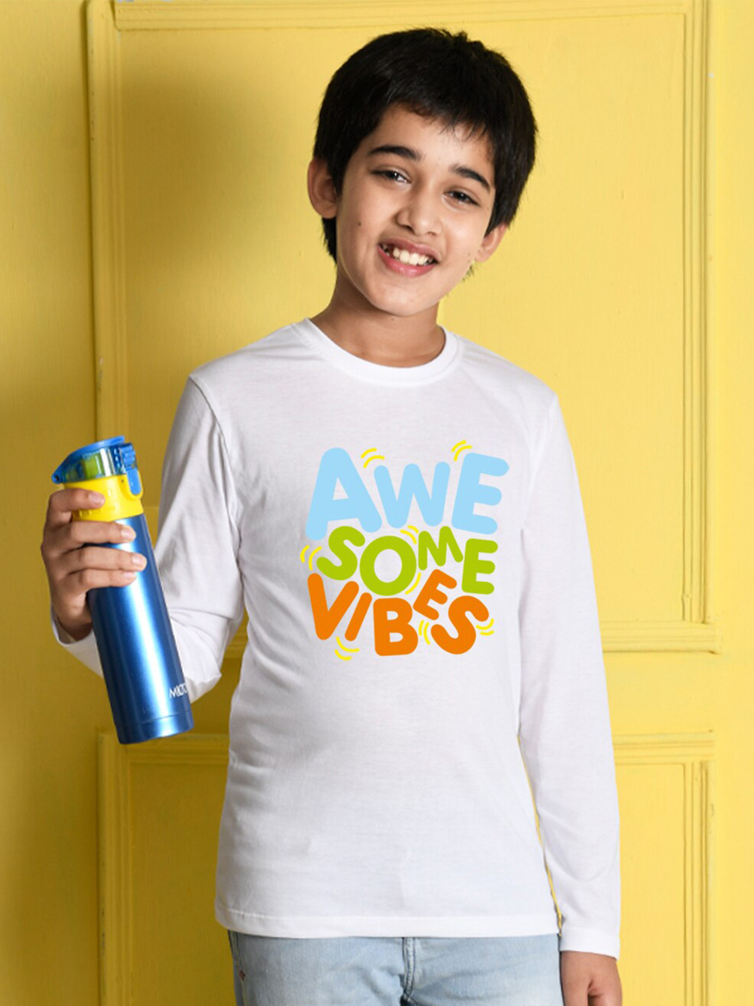 NUSYL Boys White Typography Printed Cotton T-shirt