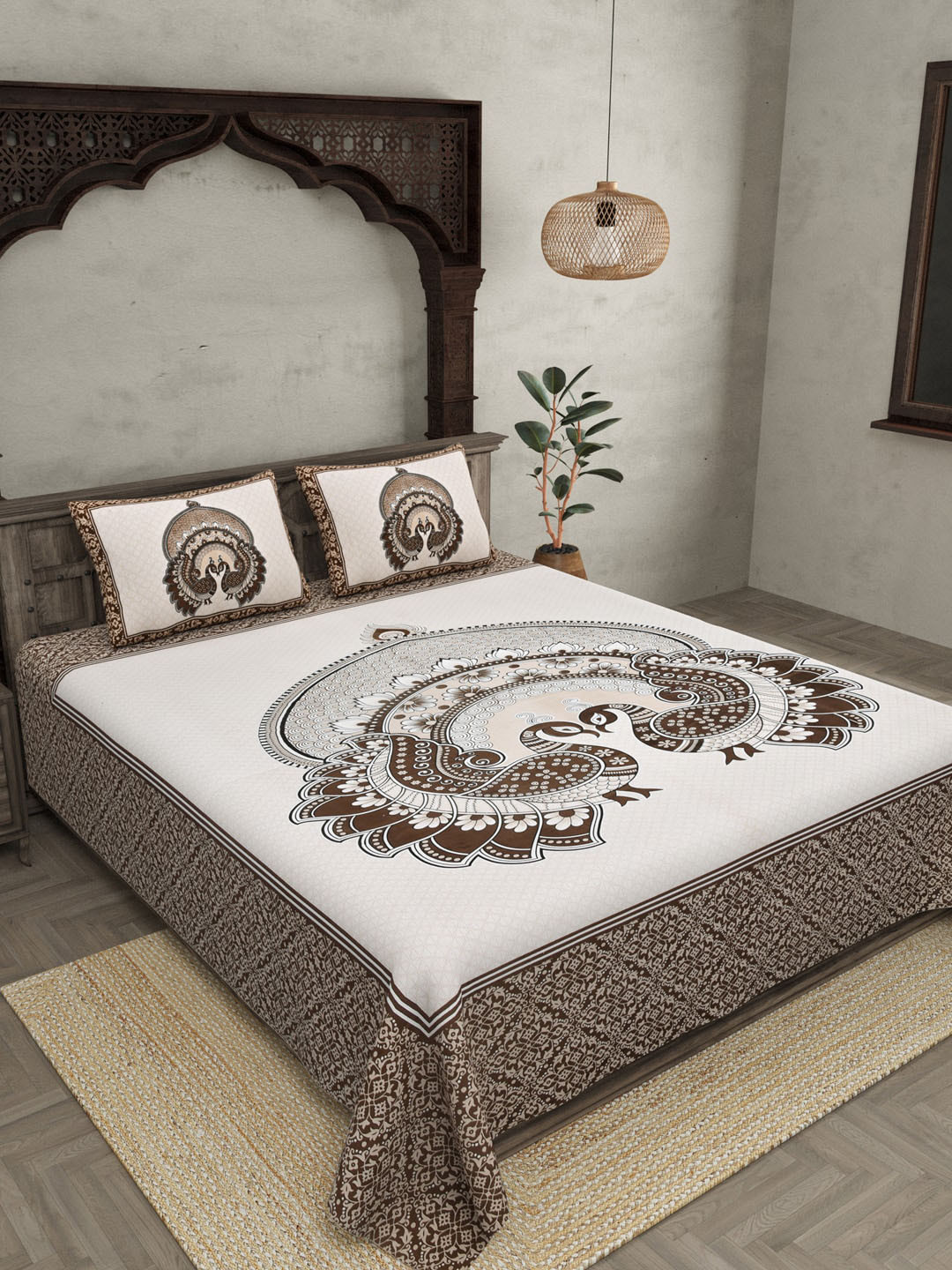 JAIPUR FABRIC Beige Ethnic Motifs Pure Cotton 180 TC Queen Bedsheet with 2 Pillow Covers-228 x 254 cm