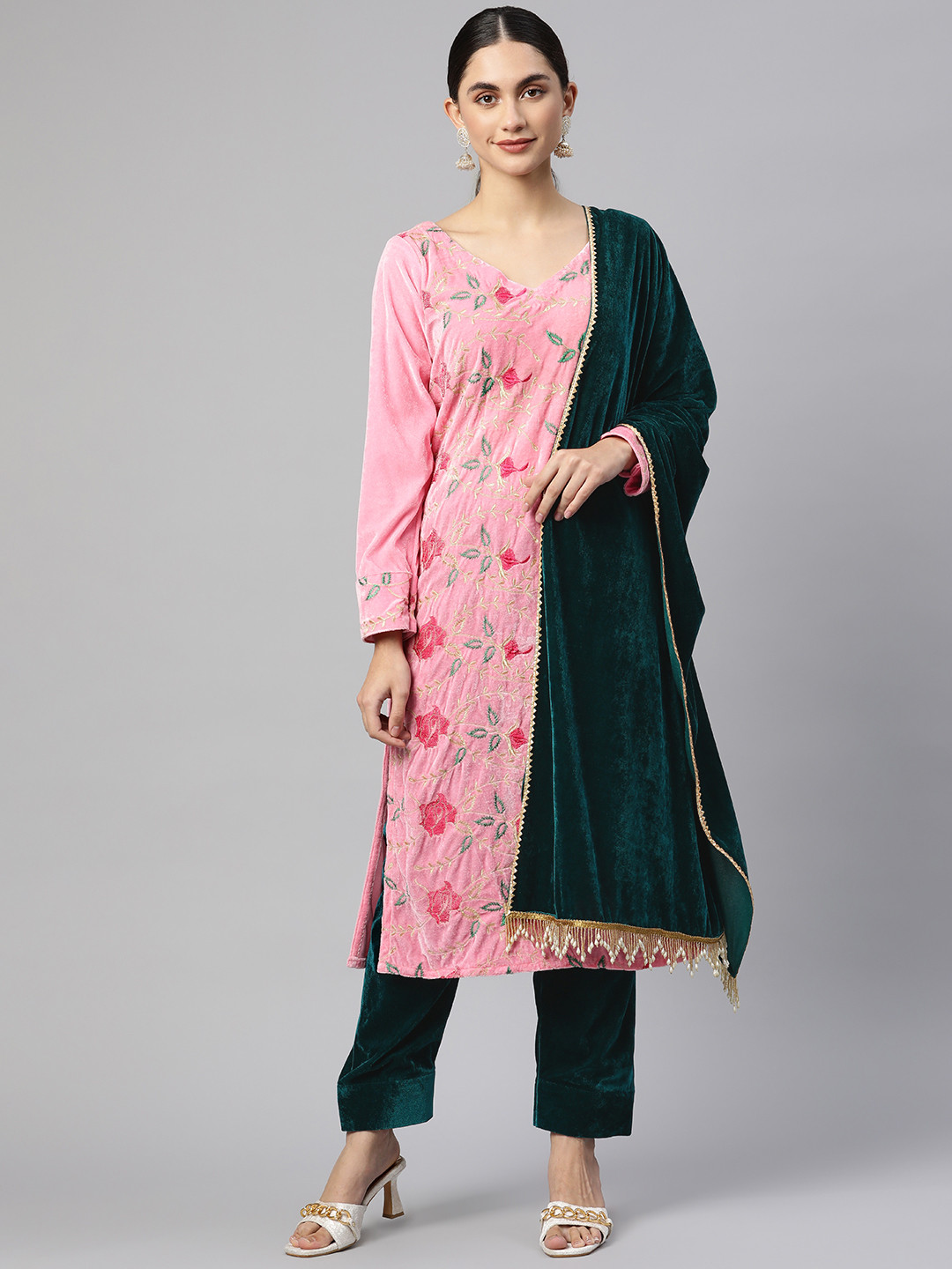 SHADES OF FAASHION Ethnic Motifs Chikankari Thread Work Velvet Straight Kurta with Trousers