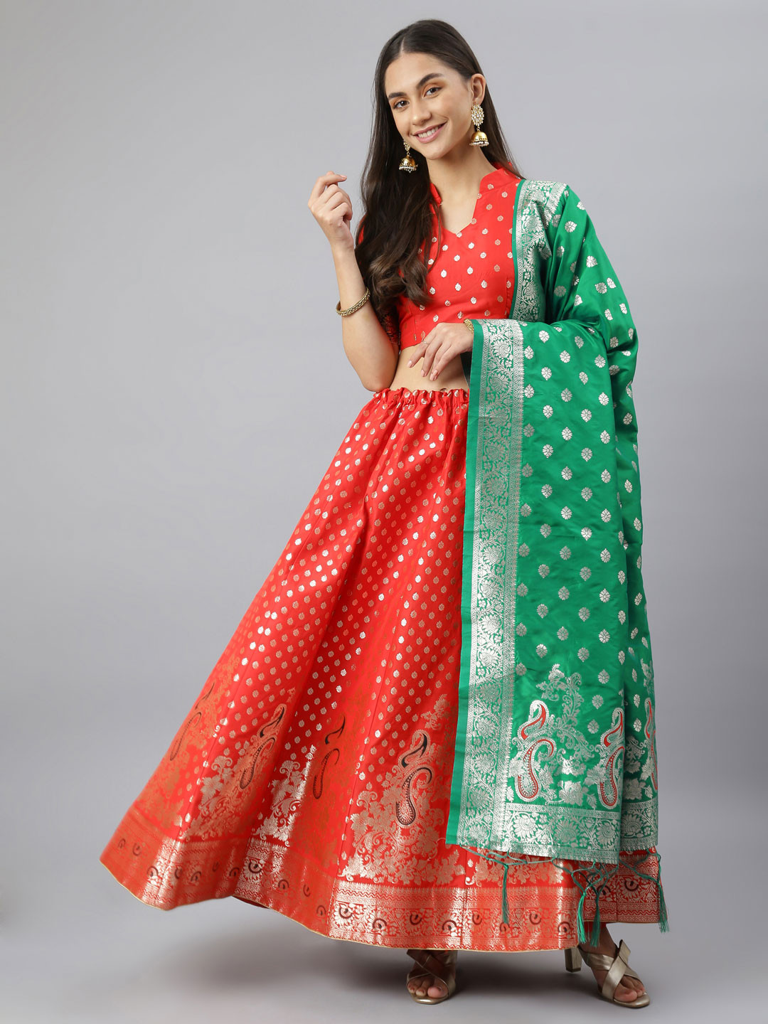 Lilots Red & Sea Green Semi-Stitched Lehenga & Unstitched Blouse With Dupatta