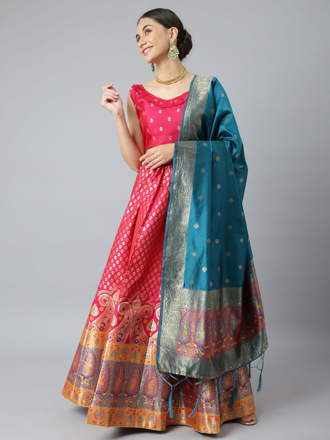 Lilots Pink & Blue Semi-Stitched Lehenga & Unstitched Blouse With Dupatta