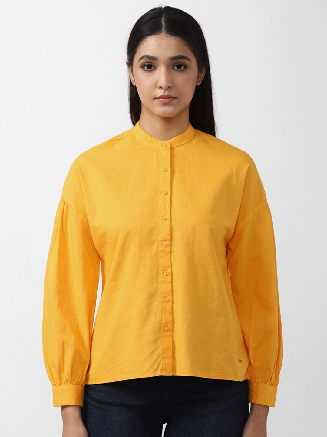 Van Heusen Woman Women Orange Solid Mandarin Collar Extended Sleeves Cotton Casual Shirt