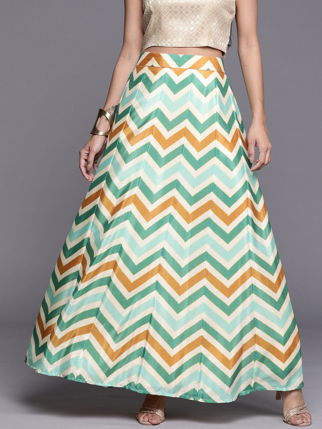 Libas Women Green & Orange Chevron Flared Maxi Skirt
