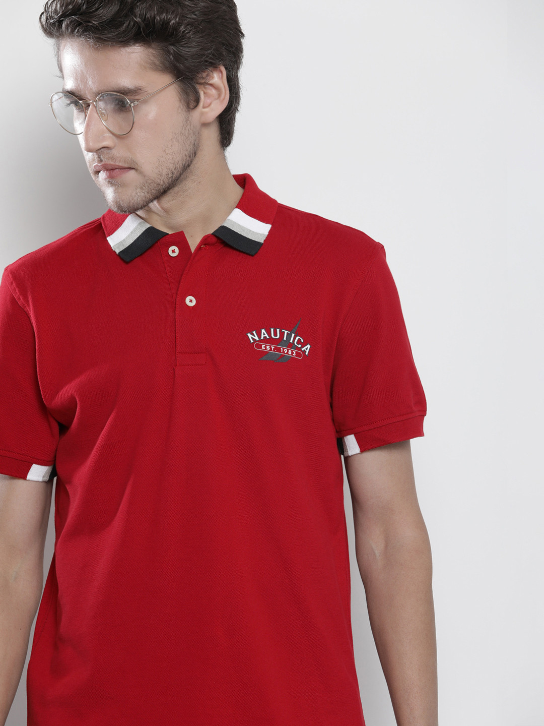 Nautica Men Red Solid Polo Collar Pure Cotton T-shirt