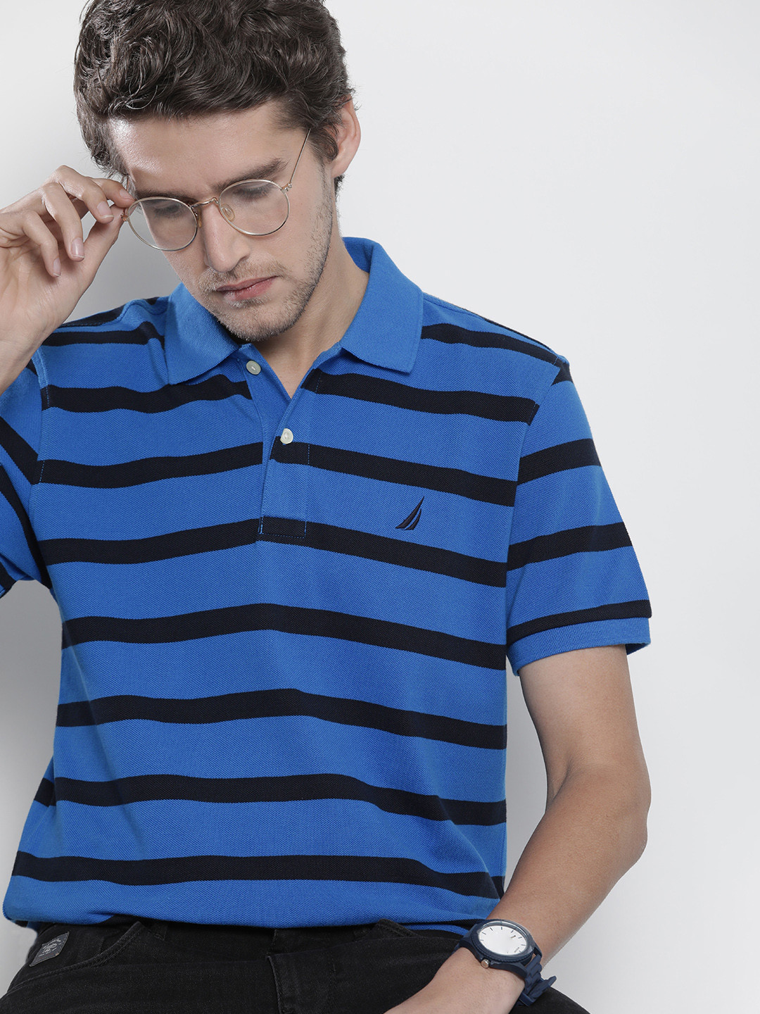Nautica Men Blue & Black Striped Polo Collar Pure Cotton T-shirt