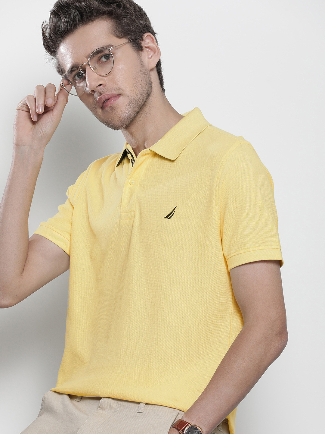 Nautica Men Yellow Pure Cotton Brand Logo Polo Collar Slim Fit T-shirt