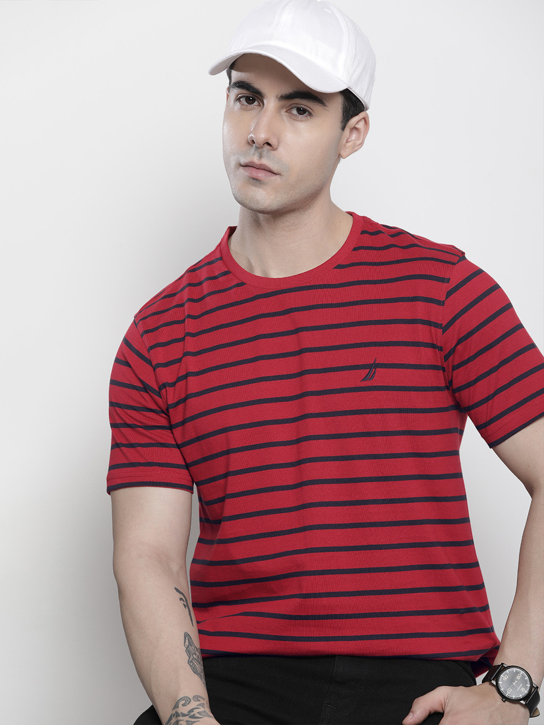 Nautica Men Red & Black  Pure Cotton Striped Round Neck T-shirt