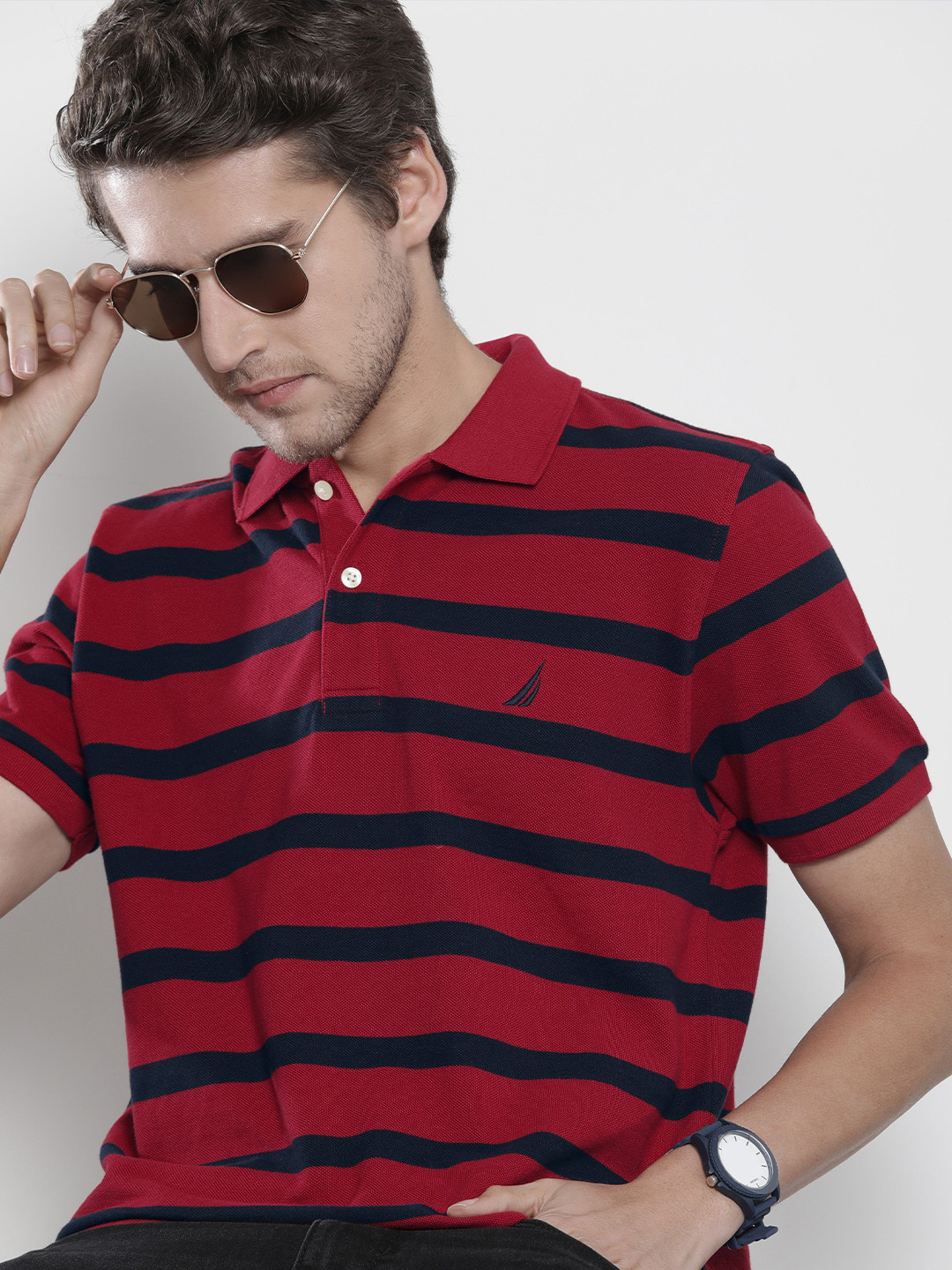 Nautica Men Red & Black Striped Polo Collar  Cotton T-shirt
