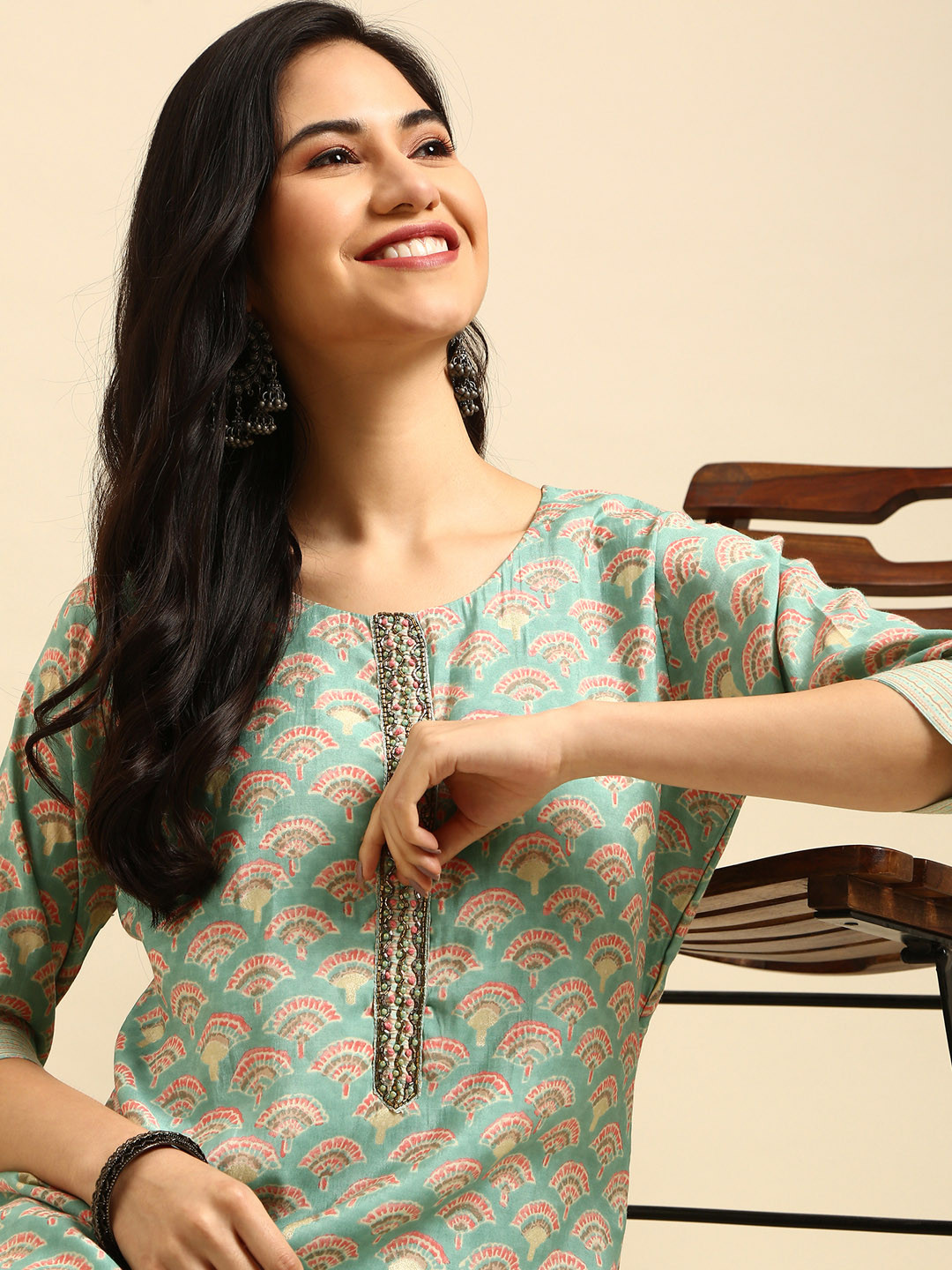 SHOWOFF Women Sea Green Ethnic Motifs Printed Beads and Stones Kurta with Trousers