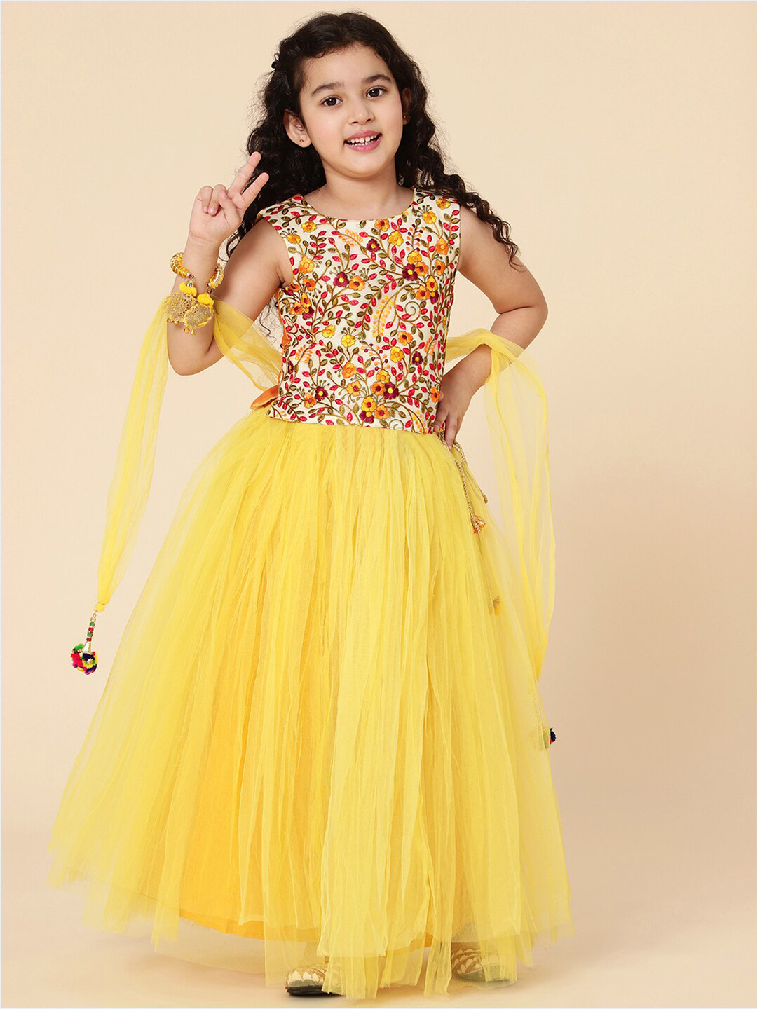 A T U N Girls Yellow & Pink Embroidered Thread Work Ready to Wear Lehenga & Blouse With Dupatta