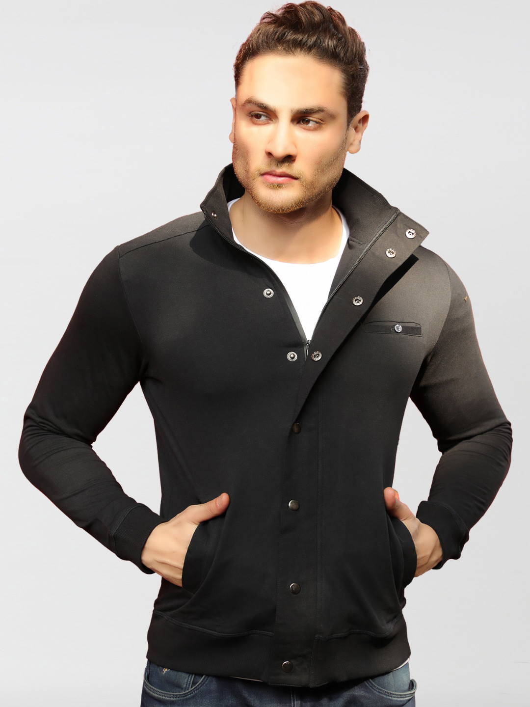 Dream of Glory Inc Men Black Solid Cotton Lightweight Biker Jacket