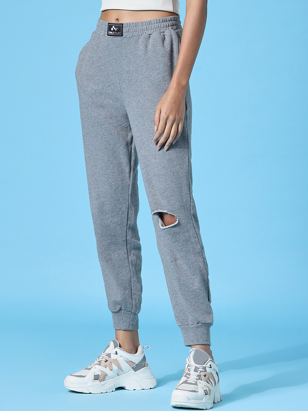 ONLY PLAY Women Grey Solid Relaxed-Fit Cotton Jogger Track Pants ONLPPENNY KNEE CU