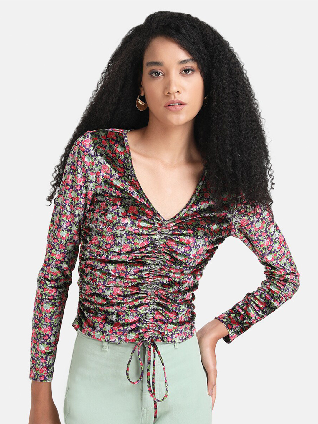 Kazo Women Purple & Green Floral Print Ruched Top