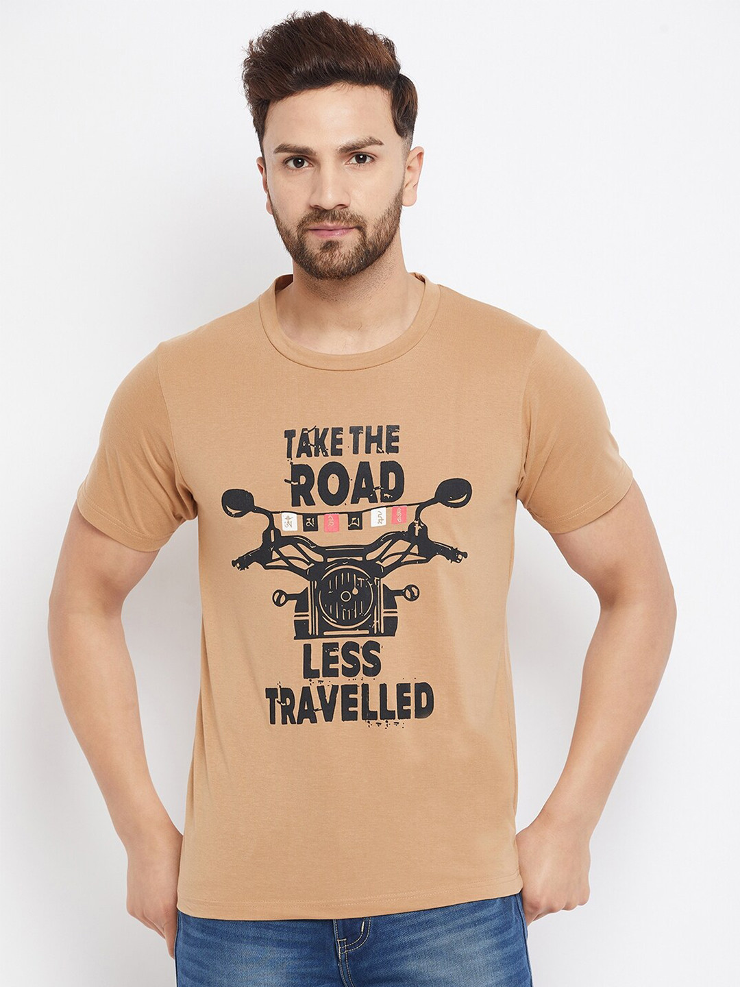 THE MILLION CLUB Men Beige Biker Printed T-shirt