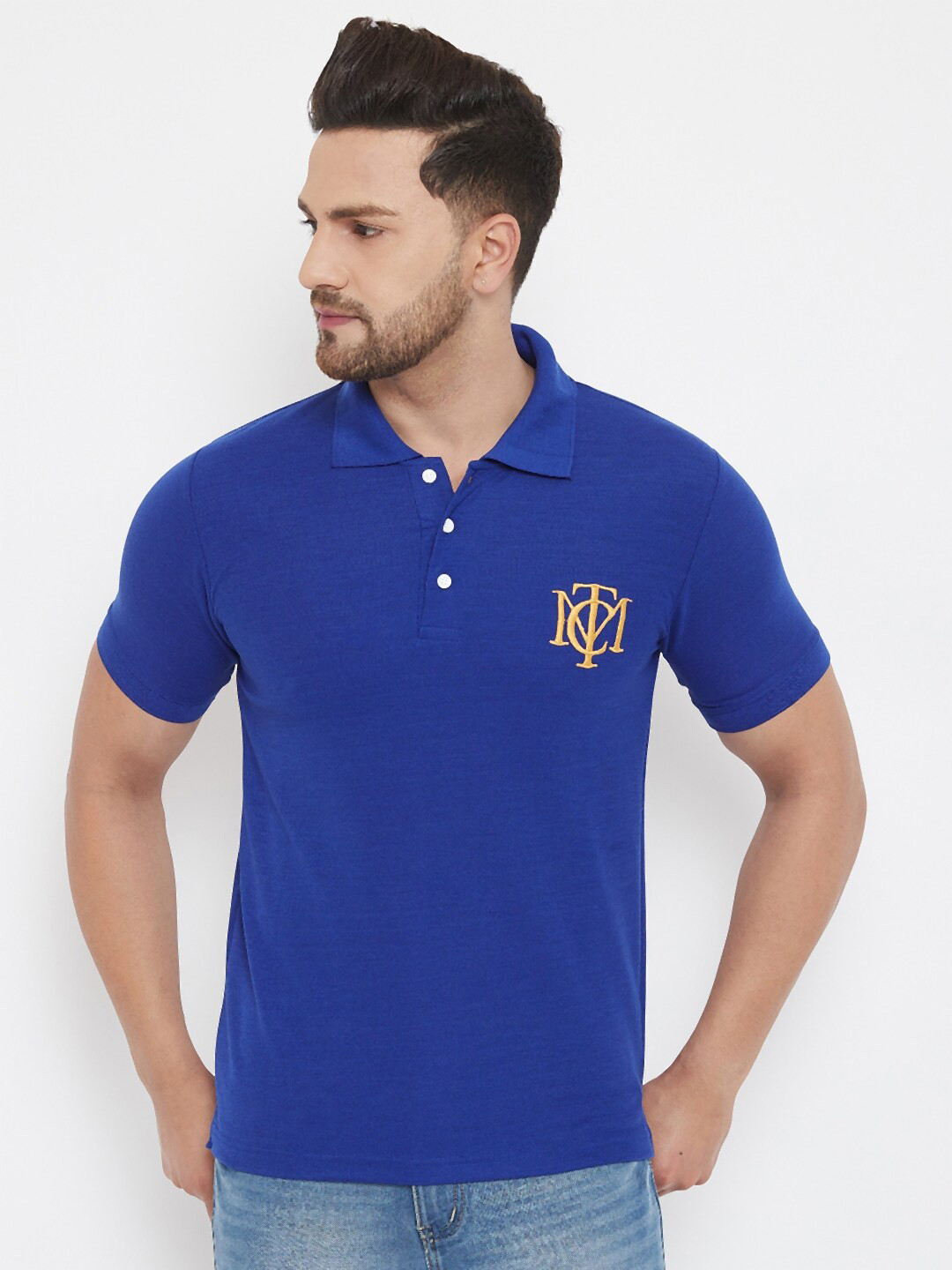 THE MILLION CLUB Men Blue & Yellow Brand Logo Polo Collar T-shirt