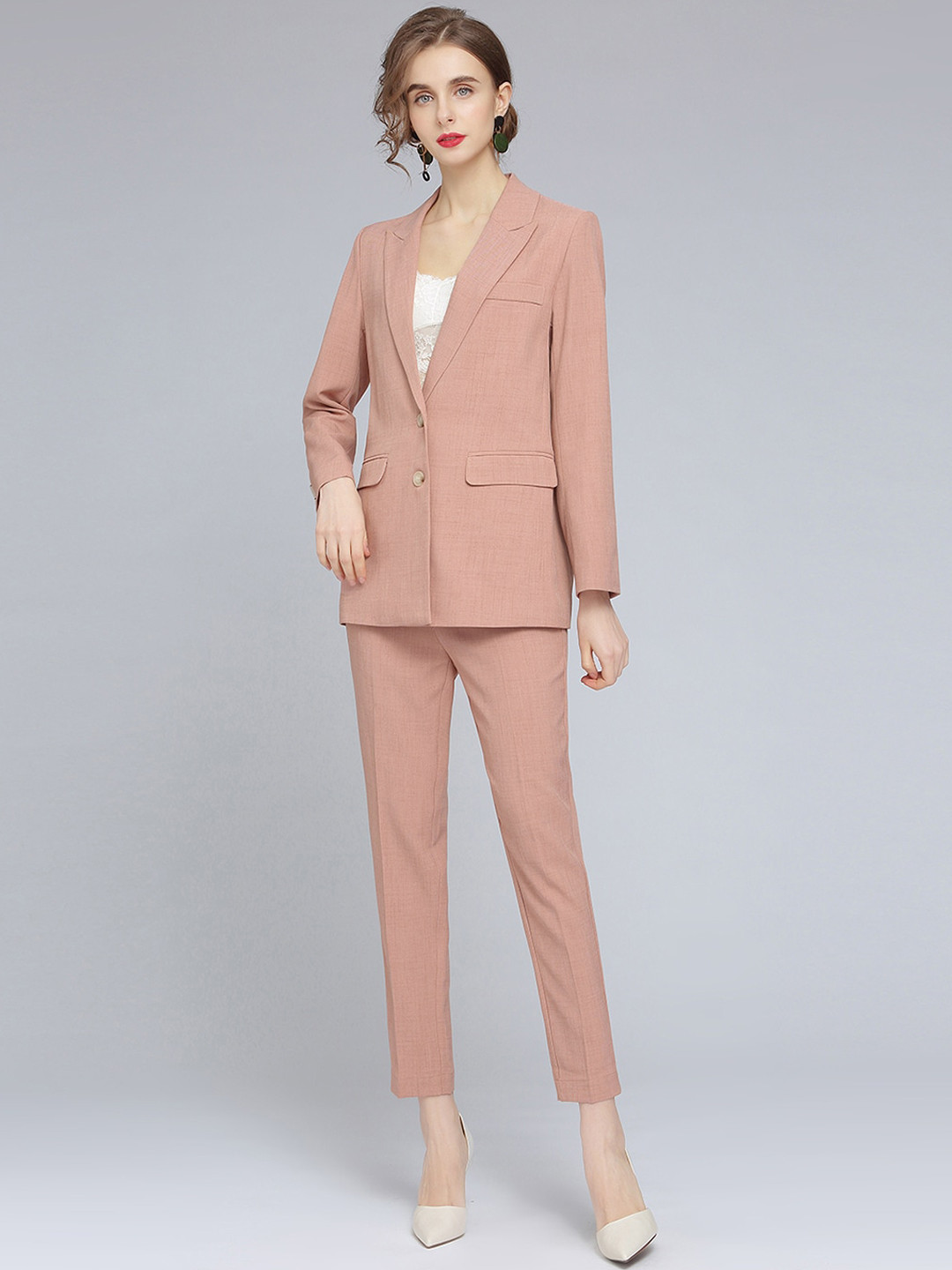 JC Collection Women Pink Solid Single-Breasted Two-Piece Suit