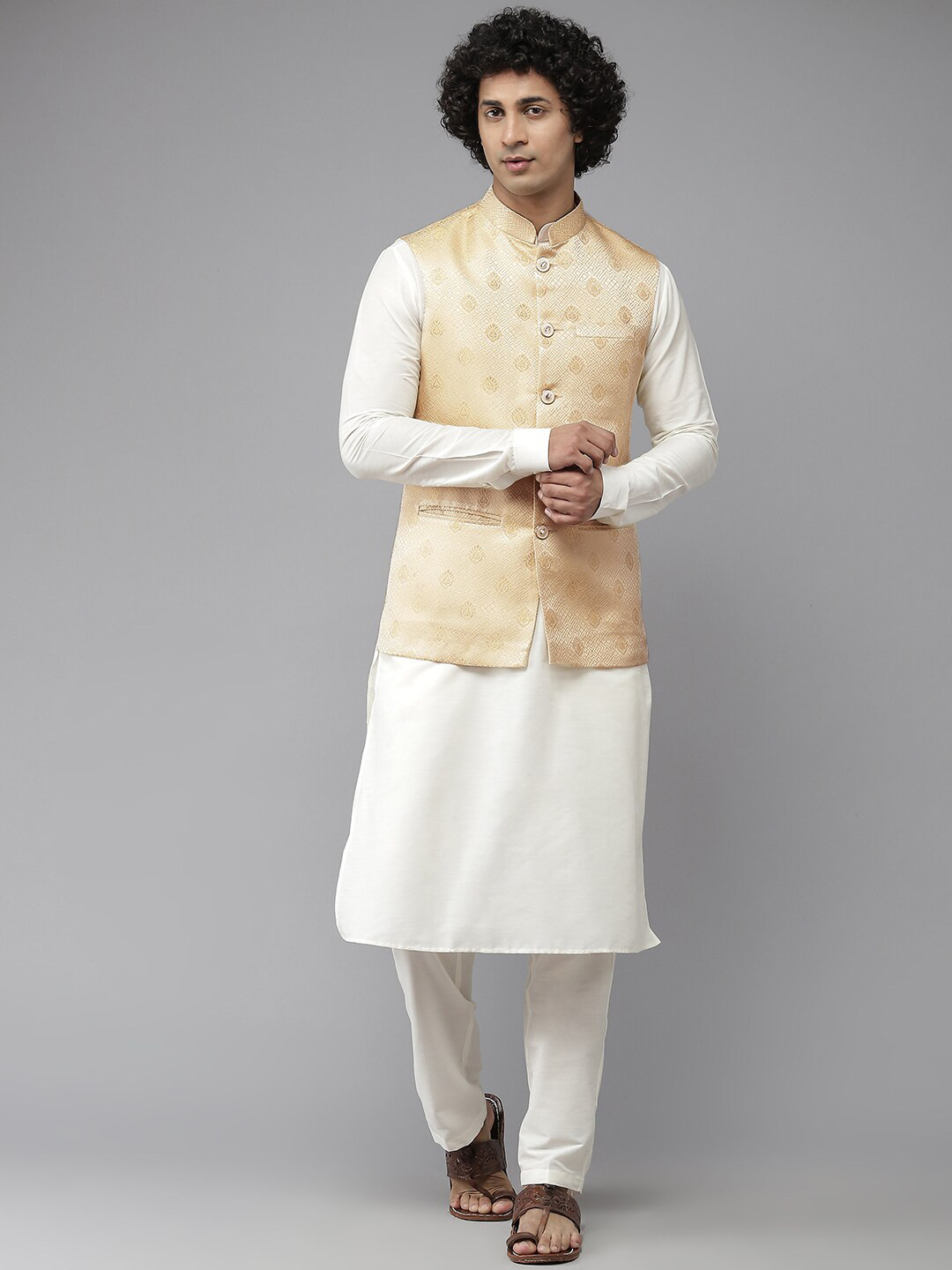See Designs Men Golden Colored Woven Design Nehru Jackets