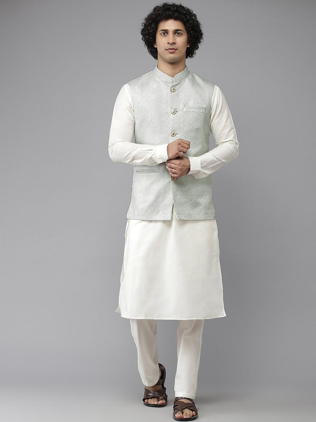 See Designs Men Blue Woven-Design Nehru Jacket