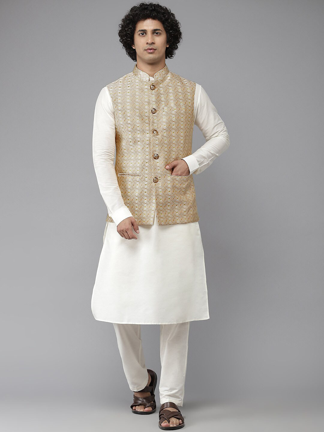 See Designs Men Golden Woven Jacquard Nehru Jacket