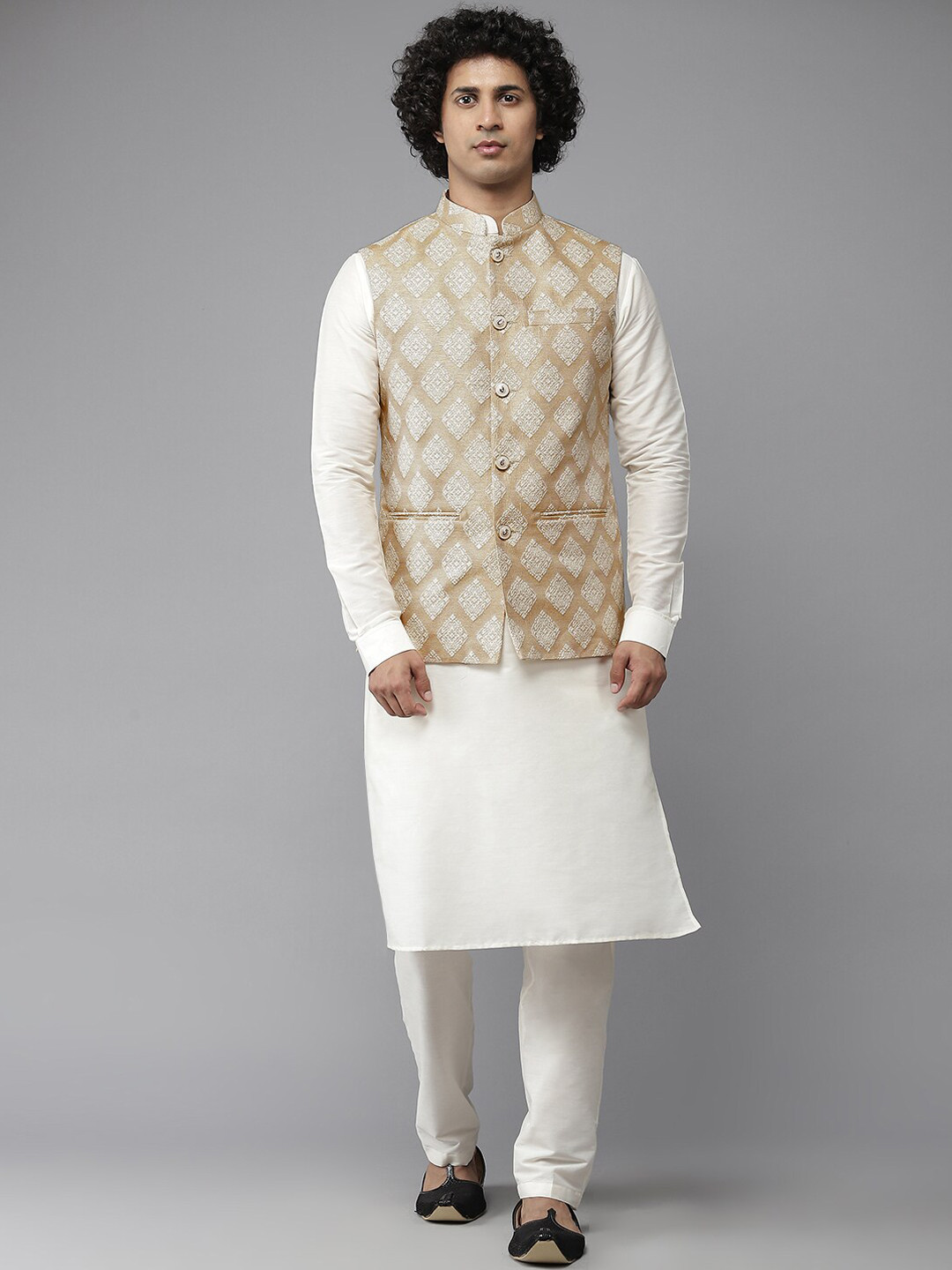 See Designs Men Golden Colored Woven Design Nehru Jackets