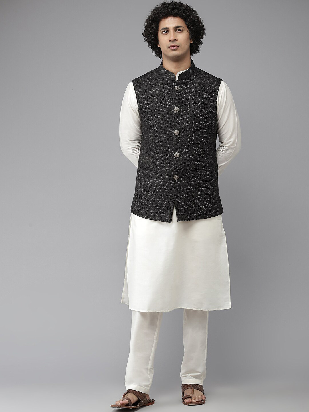 See Designs Men Black Woven Design Nehru Jacket
