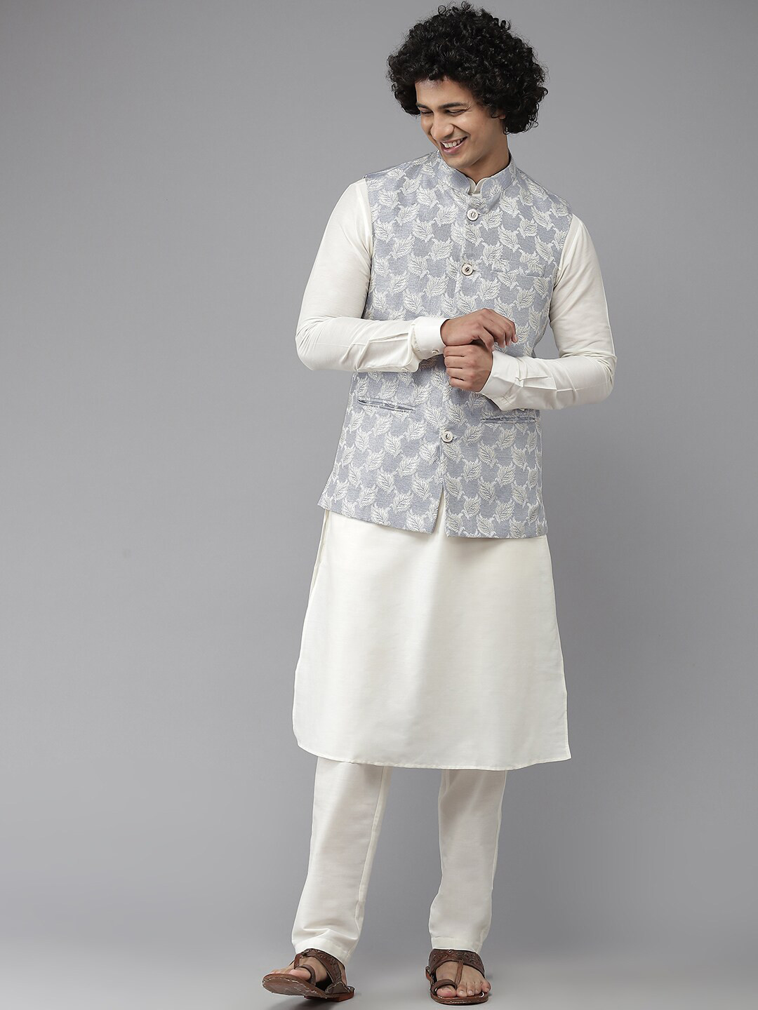See Designs Men Turquoise Blue & White Woven Design Nehru Jackets