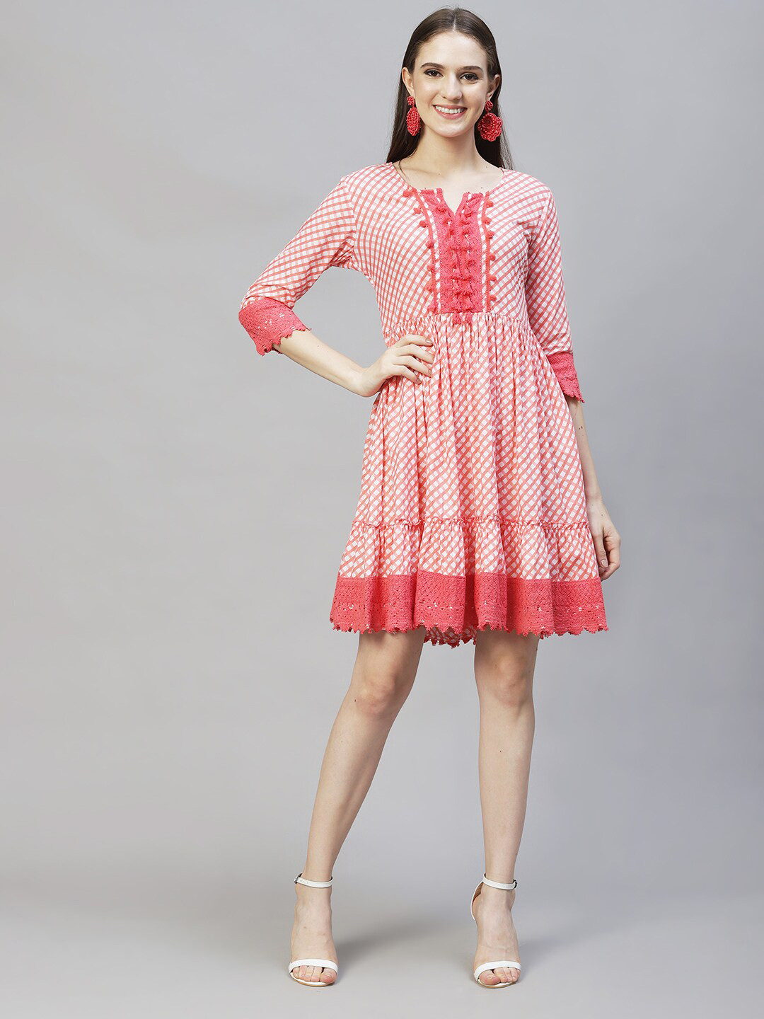 FASHOR Women Peach-Coloured Checked A-Line Dress