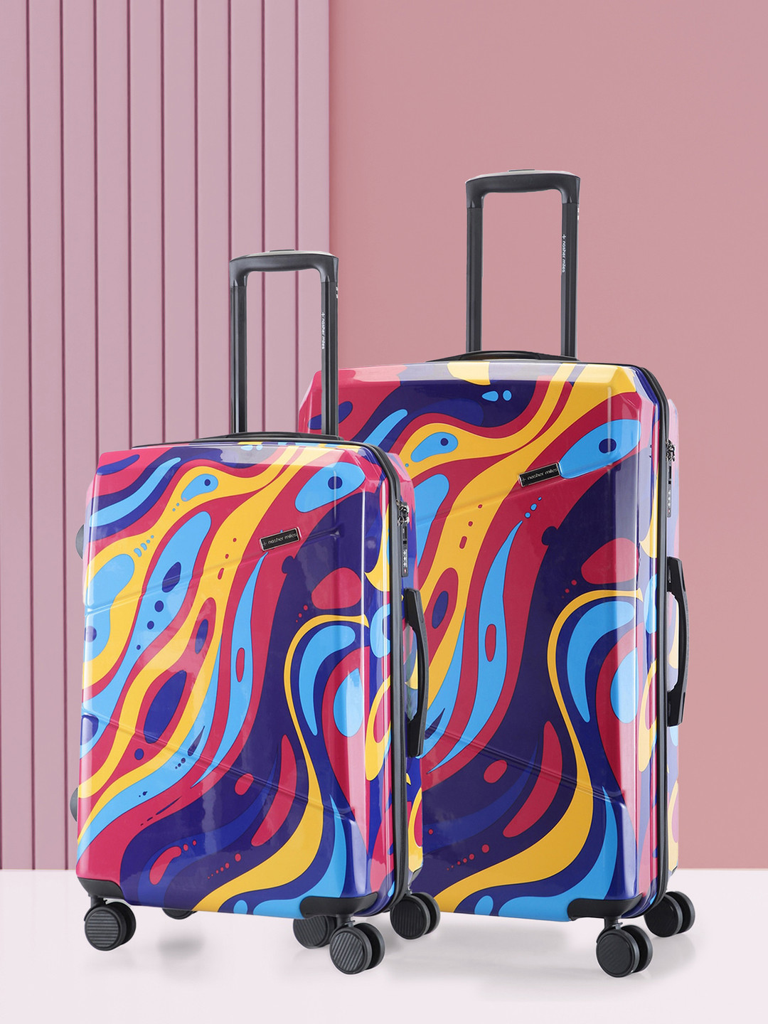 Nasher Miles Set Of 2 Pink & Blue Printed Hard-Sided Trolley Bags