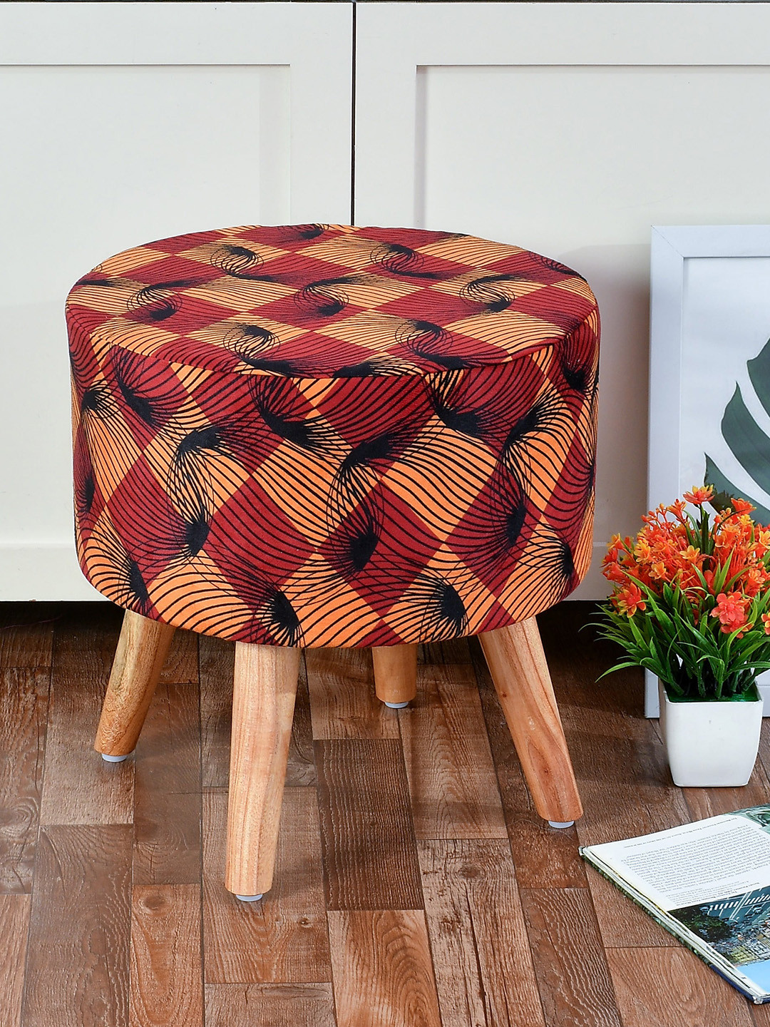 RIANCE CREATIONS  Black & Mustard Printed Velvet & Wood Ottomans