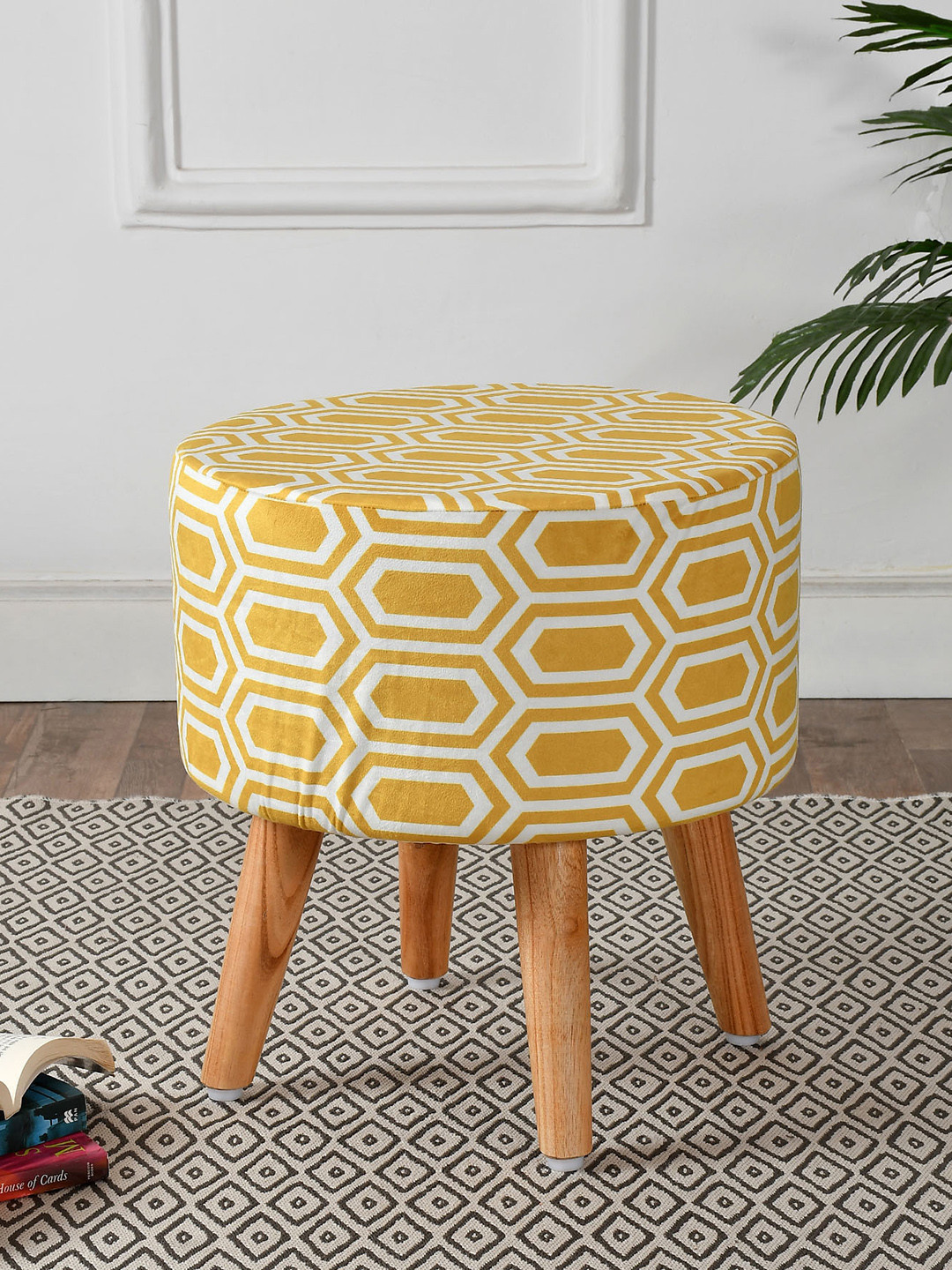 RIANCE CREATIONS Yellow & White Digital Printed Wooden Ottomans