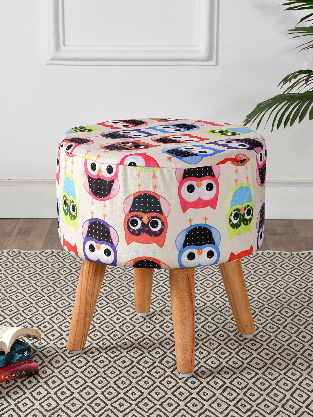 RIANCE CREATIONS  Cream Owl Print Velvet & Wood Ottomans