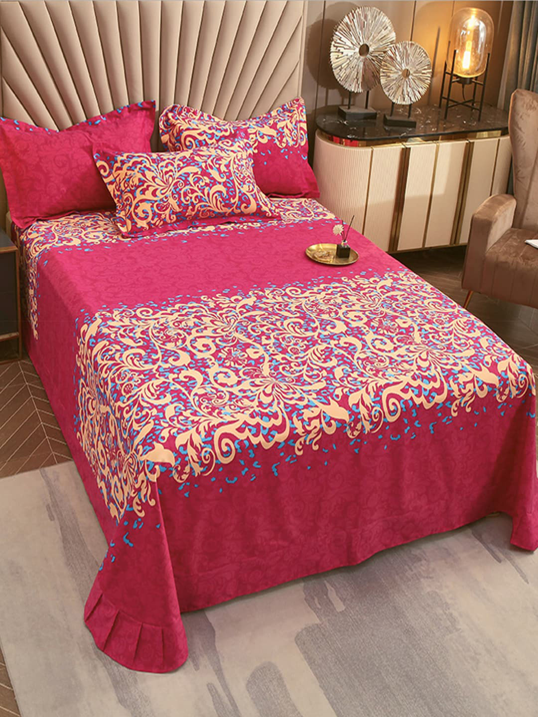 JC HOME Rama Kashvi Pink Ethnic Motifs Cotton 240 TC Queen Fine Bedsheet with 2 Pillow Covers-91 x 98 inches