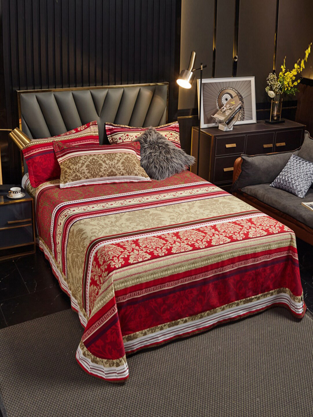 JC HOME Crystal Red Ethnic Motifs Pure Cotton 220 TC Double Fine Bedsheet with 2 Pillow Covers-71 x 94 inches