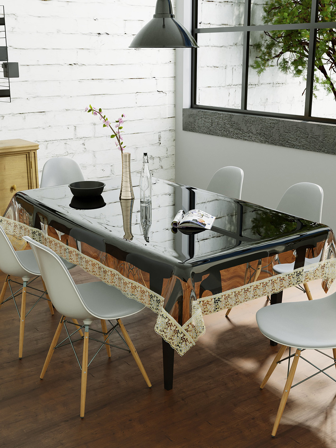 Clasiko Gold-Toned & Transparent Solid Anti-Slip 10-Seater Table Covers