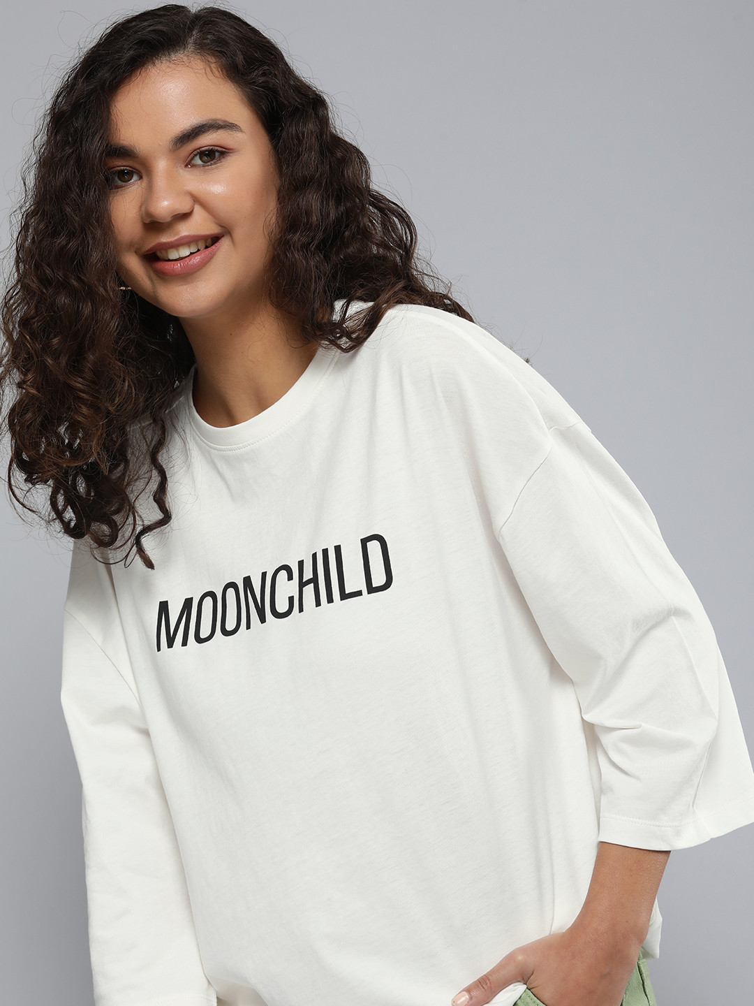 HERE&NOW Women White & Black Typography Printed Drop-Shoulder Sleeves Pure Cotton T-shirt