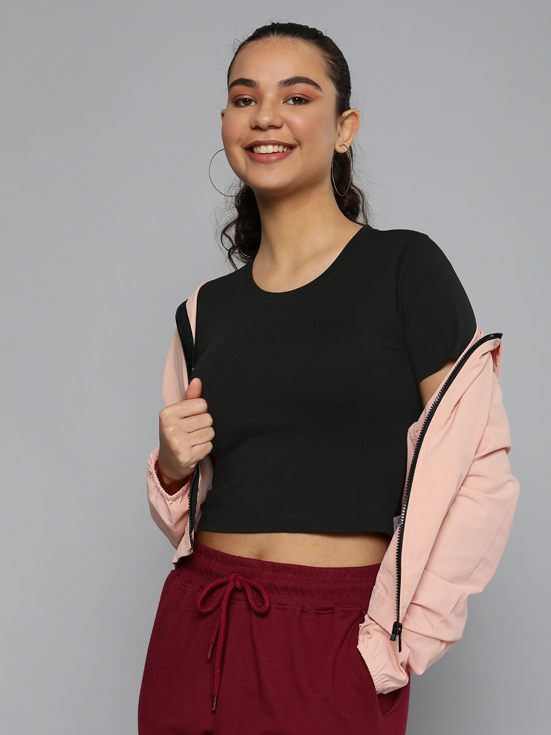 HERE&NOW Women Black Solid Pure Cotton Knitted Cropped T-shirt