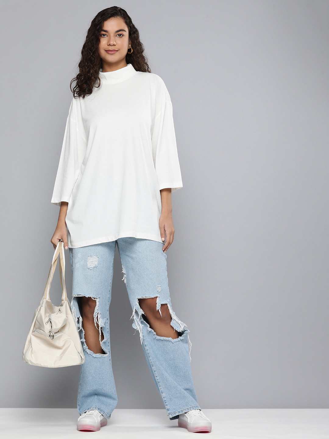 HERE&NOW Women Off White High Neck Pure Cotton Longline T-shirt